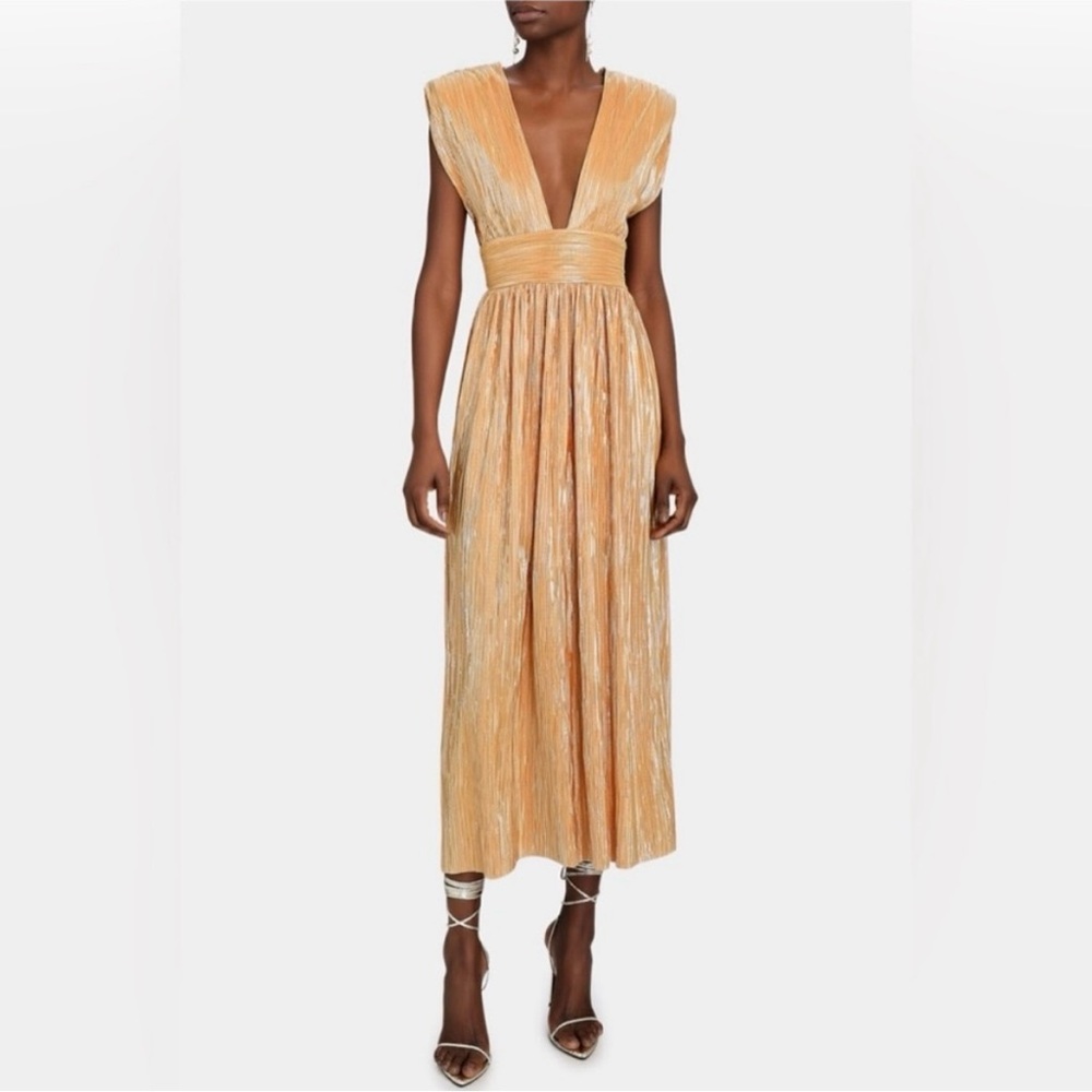 Sabina Musayev Gold Pleated Midi Dress